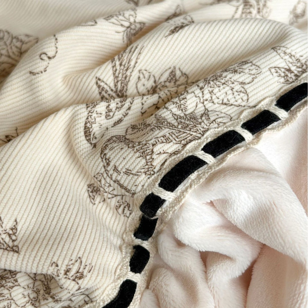 Romantic cotton satin bed linen set with ruffles, floral toile look and decorative pillow