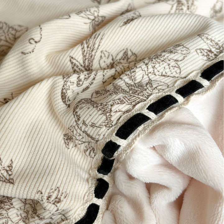 Romantic cotton satin bed linen set with ruffles, floral toile look and decorative pillow