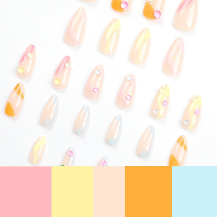 Artistic Nail Extensions with Colorful Design and Glitter Accents Stornfield