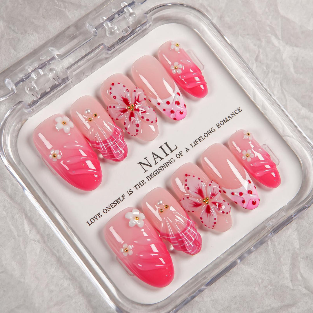 Decorative Press-On Nail Set with Floral Designs