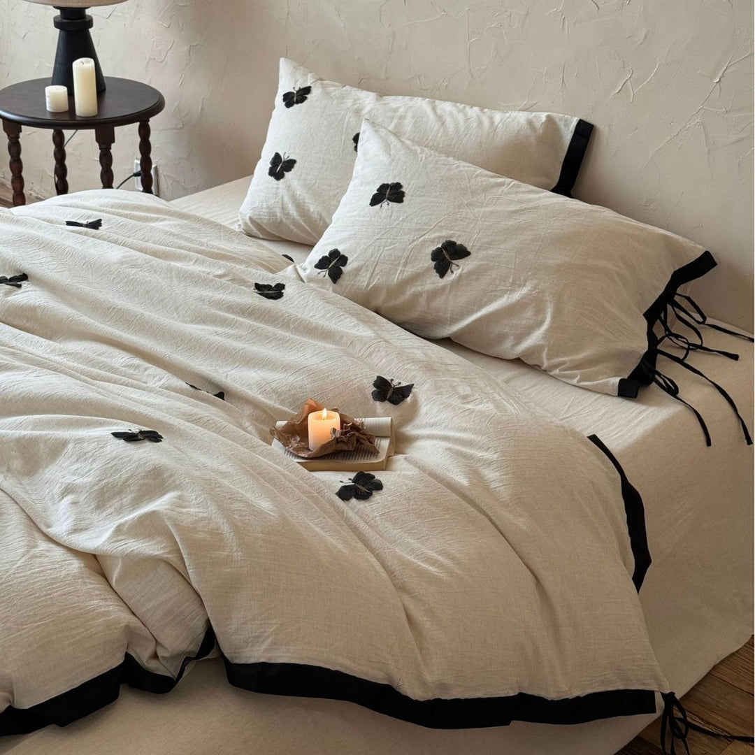 Linen-Blend Duvet Cover Set with Black Appliqué Motifs and Tie Closures