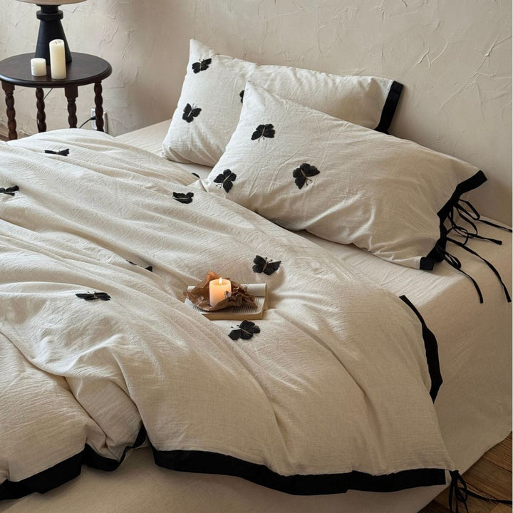 Linen-Blend Duvet Cover Set with Black Appliqué Motifs and Tie Closures