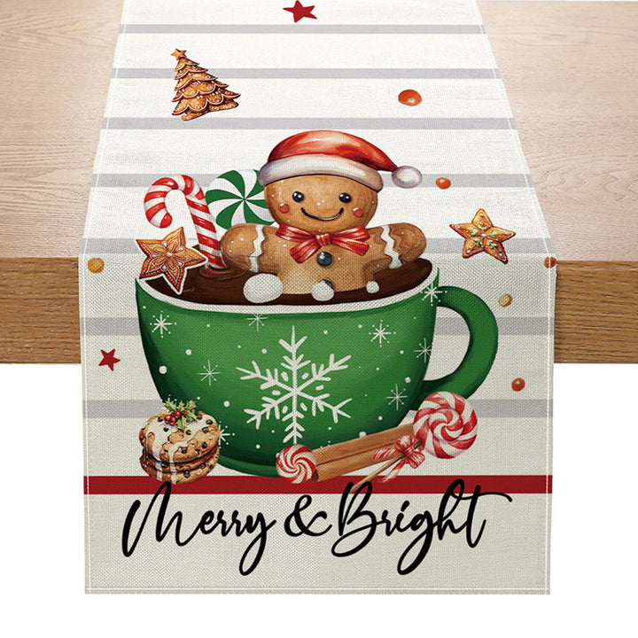 Linen-Texture Cotton-Blend Christmas Table Runner with Burlap Trim and Winter Tree Illustration