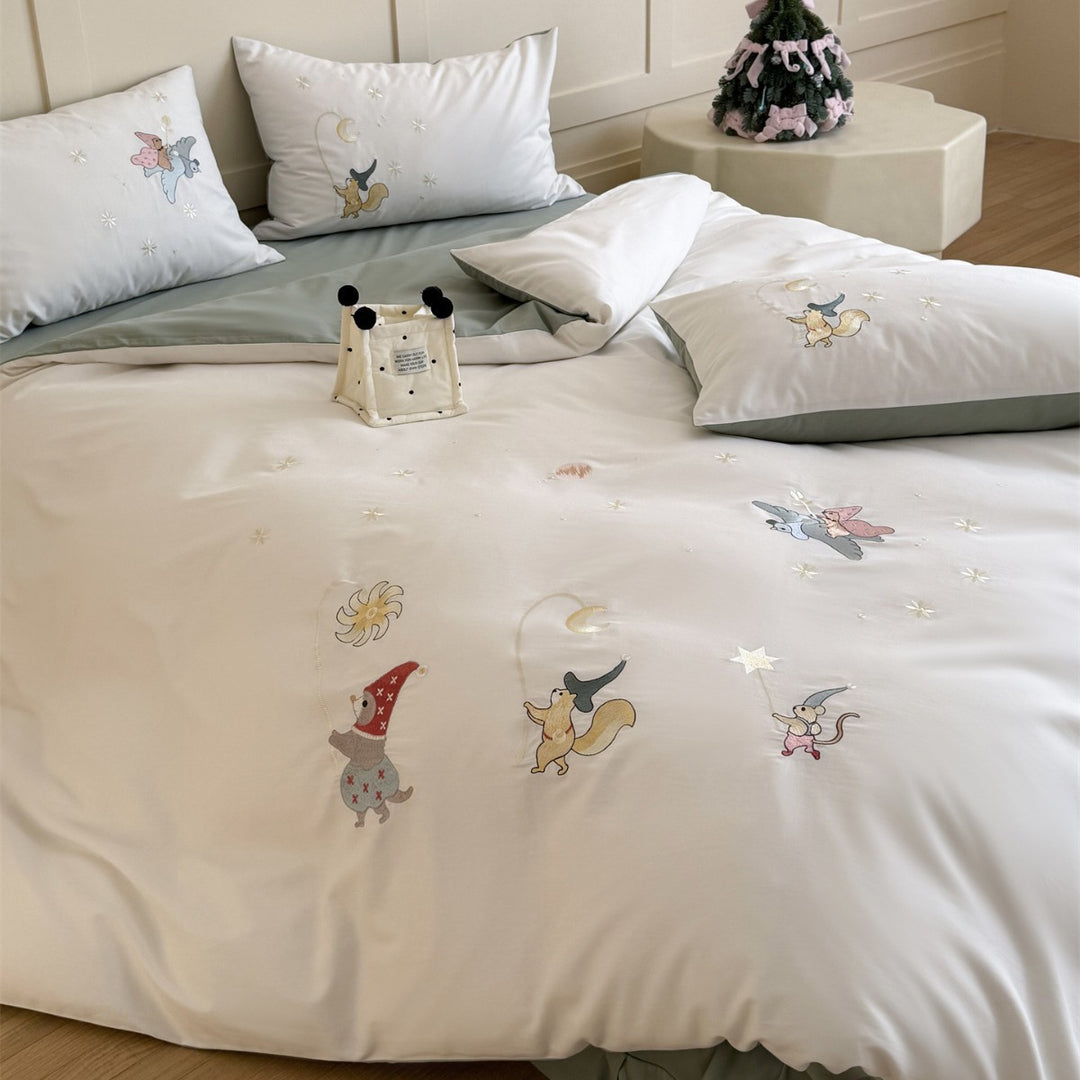 Kids Storybook Embroidered Duvet Cover Set with Percale Cotton and Corner Ties