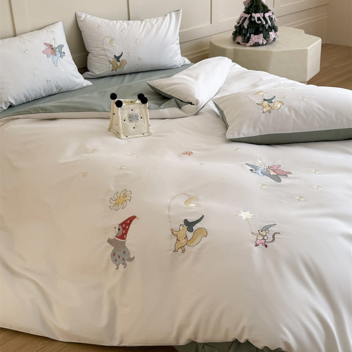 Kids Storybook Embroidered Duvet Cover Set with Percale Cotton and Corner Ties
