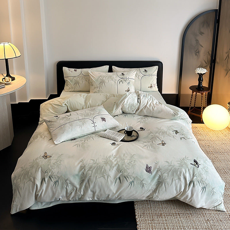 Bedding set with embroidered butterflies and delicate bamboo print
