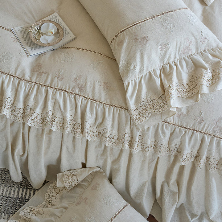 Embroidered Cotton-Linen Ruffled Duvet Cover Set with Lace-Trim and Deep-Fit Skirt