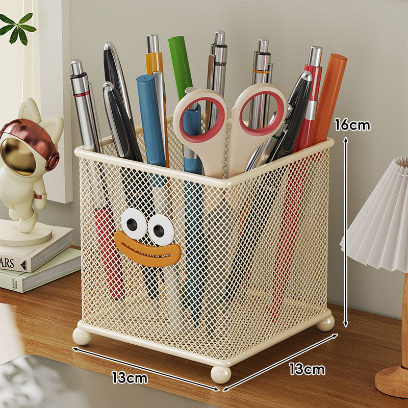 Cylindrical Ventilated Mesh Metal Pen and Pencil Cup with Decorative Smile Emblem