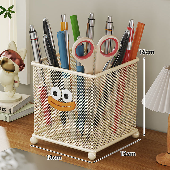 Cylindrical Ventilated Mesh Metal Pen and Pencil Cup with Decorative Smile Emblem