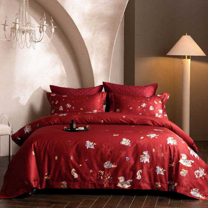 Whimsical Illustrated Cotton Sateen Duvet Cover & Pillowcase Set
