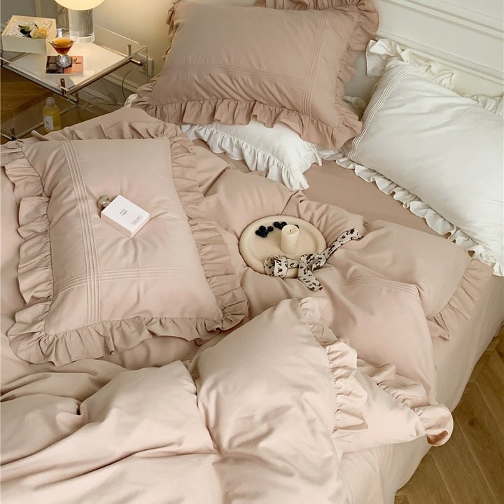 Ruffled Luxury Cotton Duvet Cover Set with Pintuck & Frilled Edges