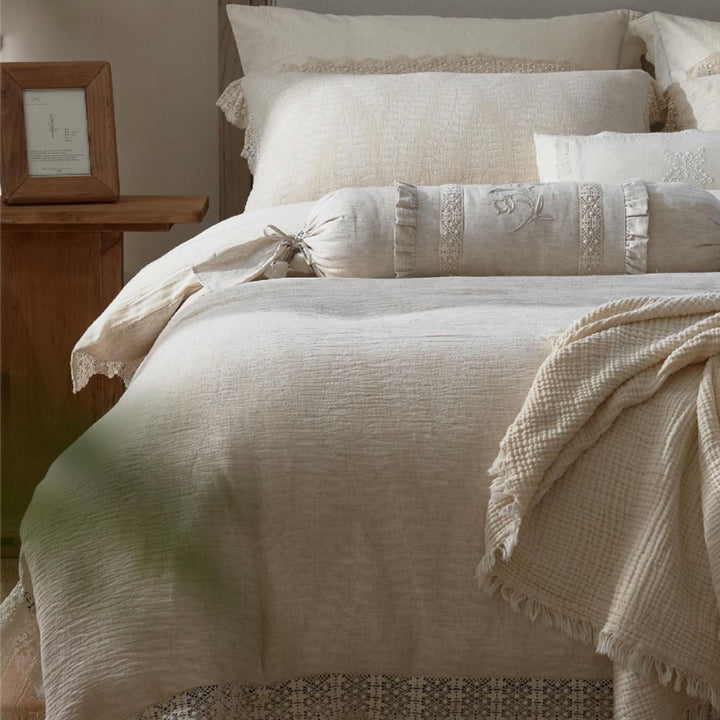 Washed Linen-Blend Gauze Duvet Cover Set with Crochet Lace Hem and Tied Bolster