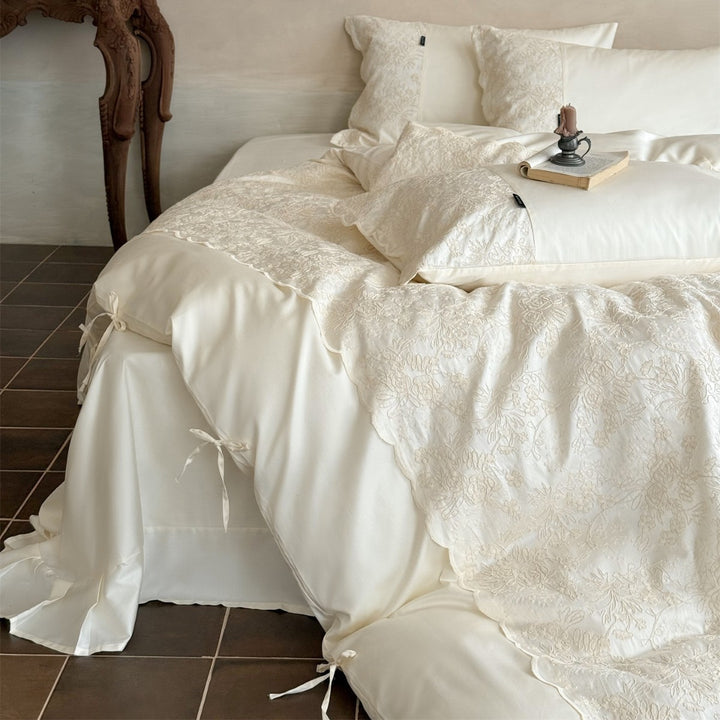 Luxury Embroidered Scalloped-Edge Duvet Cover Set with Bedskirt and Ribbon-Tie Shams