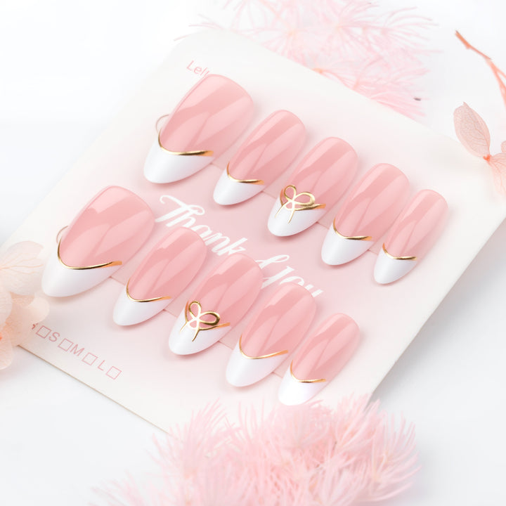 Elegant French Tip Press-On Nail Art Set with Gold Accents Stornfield