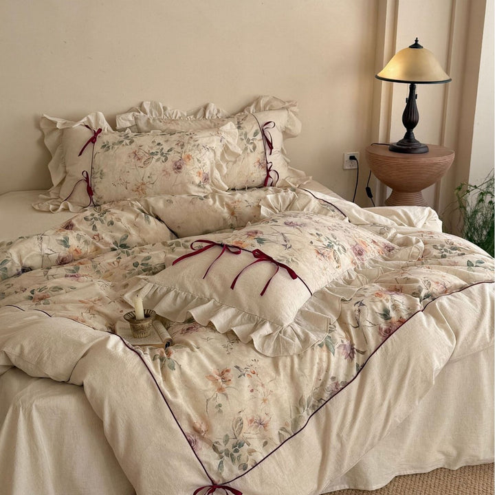 Romantic Floral Cotton-Linen Duvet Cover Set with Ruffled Shams & Ribbon Ties