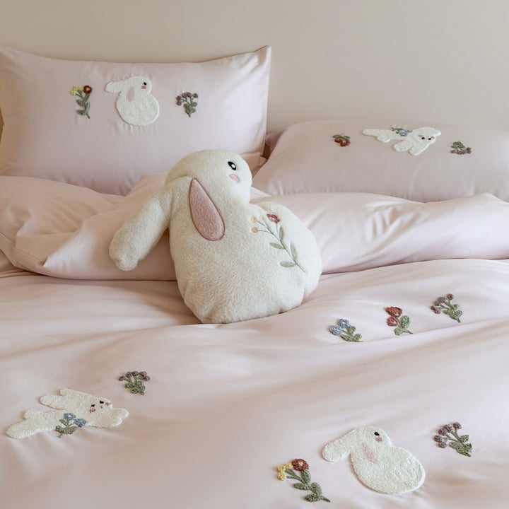 Embroidered Bunny Appliqué Satin-Feel Cotton Duvet Cover Set with Tufted Floral Accents