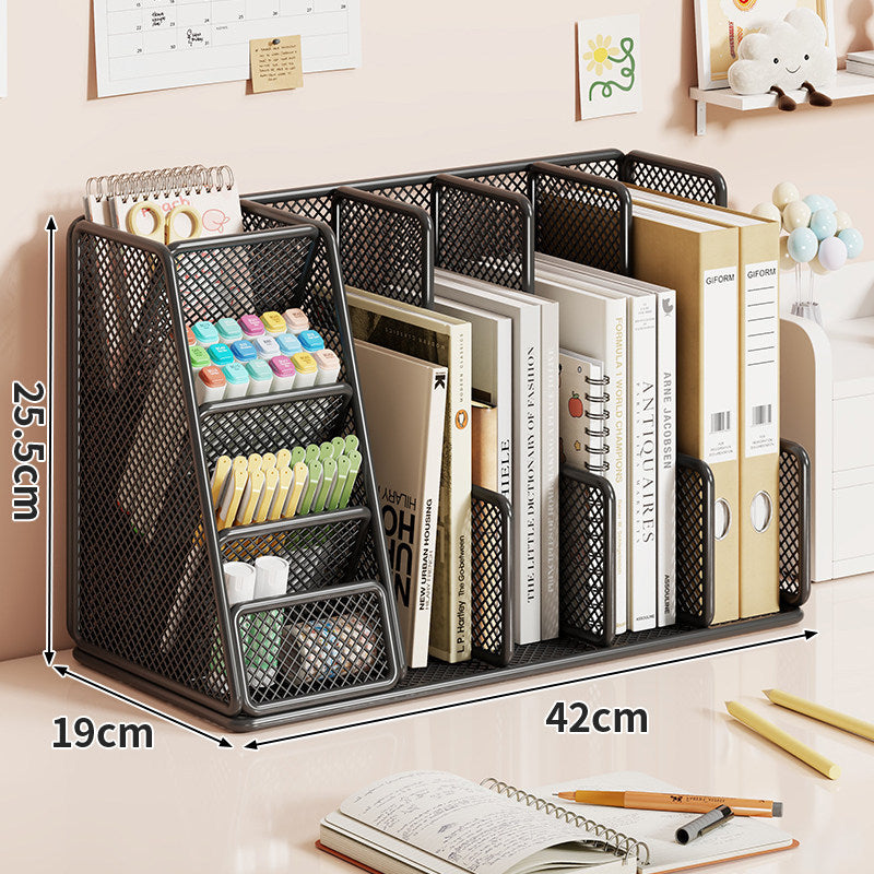 Mesh Desktop Organizer with Multi-Compartment Book Binder and Pen Rack