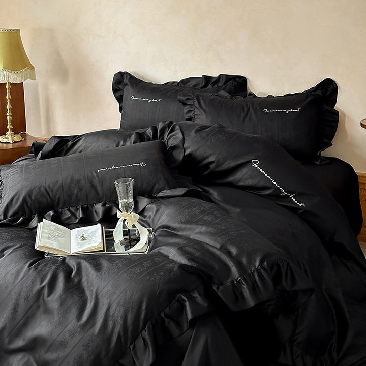 Luxurious satin bedding set with ruffles and jacquard floral pattern