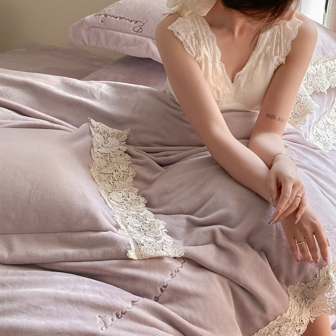 Luxury Lace-Trim Velvet Duvet Cover Set with Embroidered Script Pillow Shams