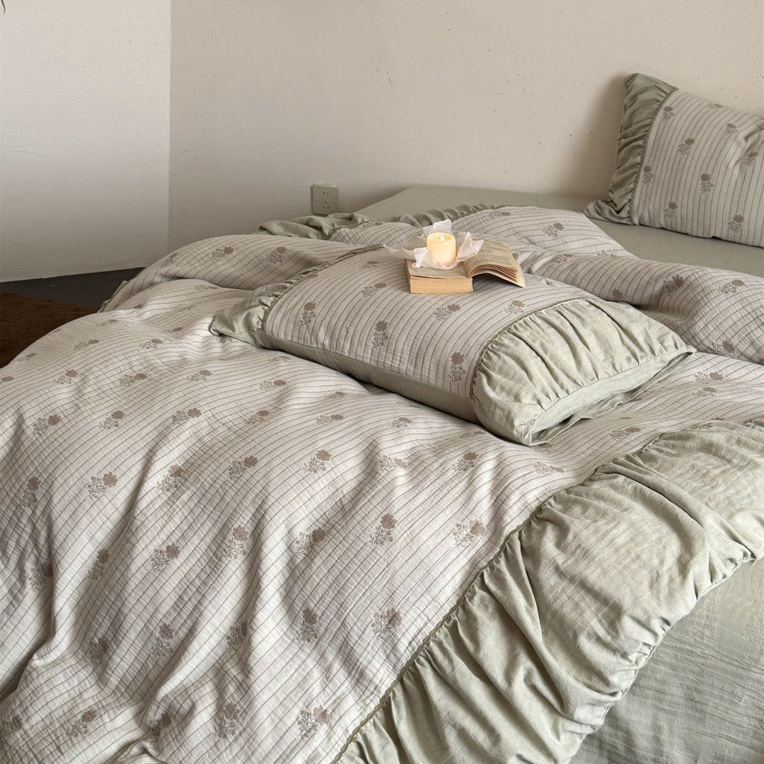 Quilted Floral Embroidered Cotton Duvet Cover Set with Ruffled Skirt and Pillow Shams