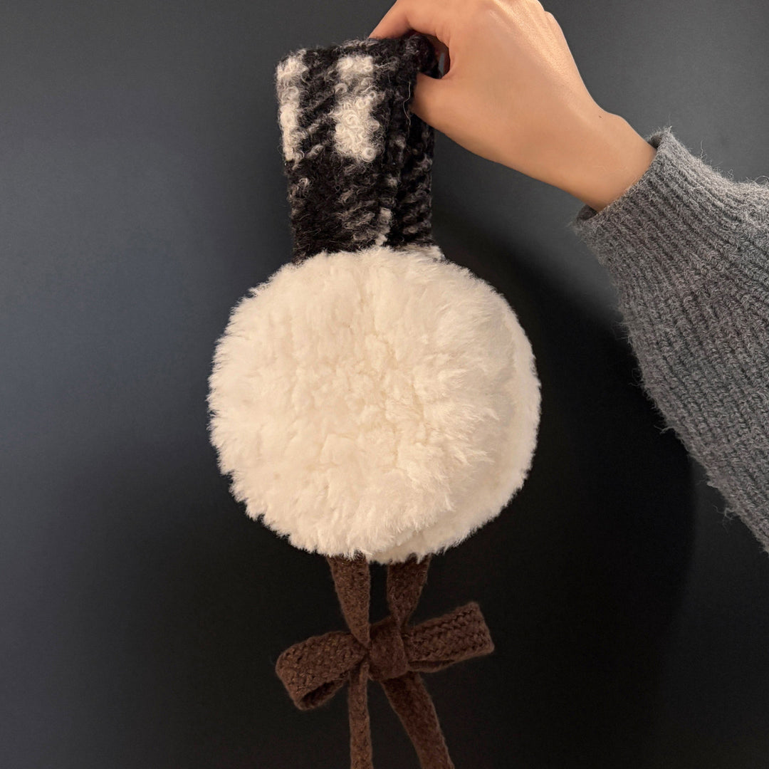 Plush Curly Faux-Fur Round Earmuffs with Patterned Knit Tie Headband Stornfield
