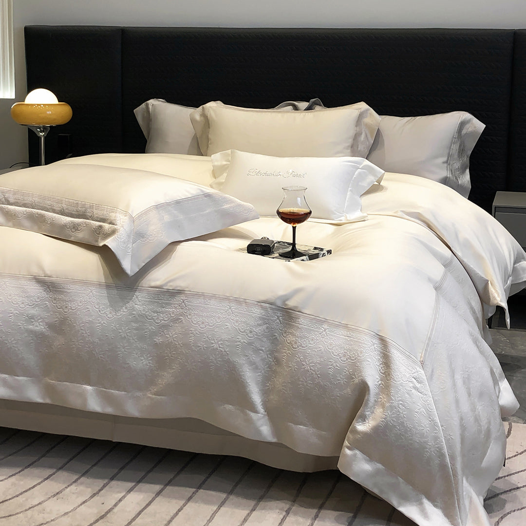 Luxury Textured-Border Egyptian Cotton Duvet Cover Set with Decorative Shams