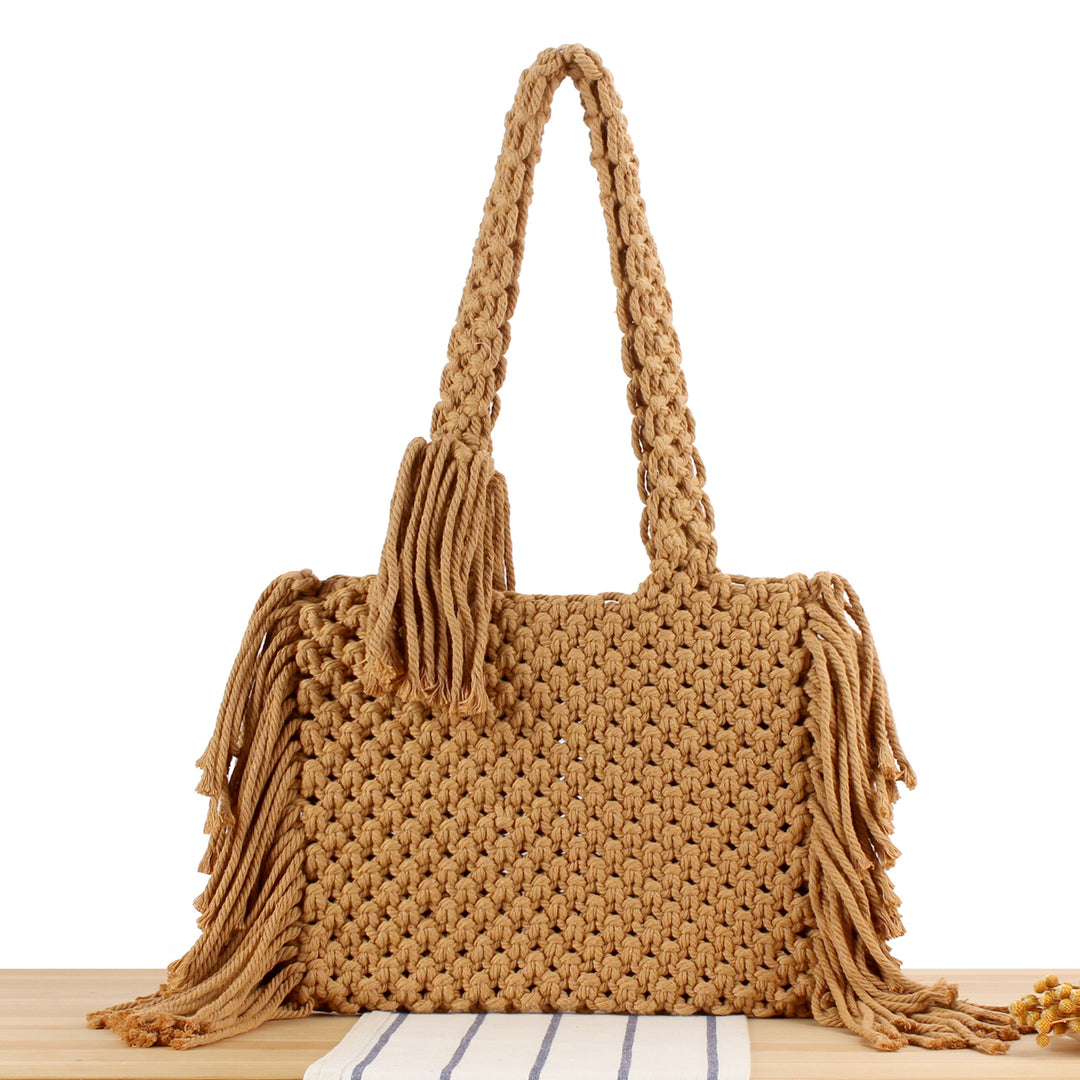 Macrame bag with creative fringes and comfortable carrying handle Stornfield