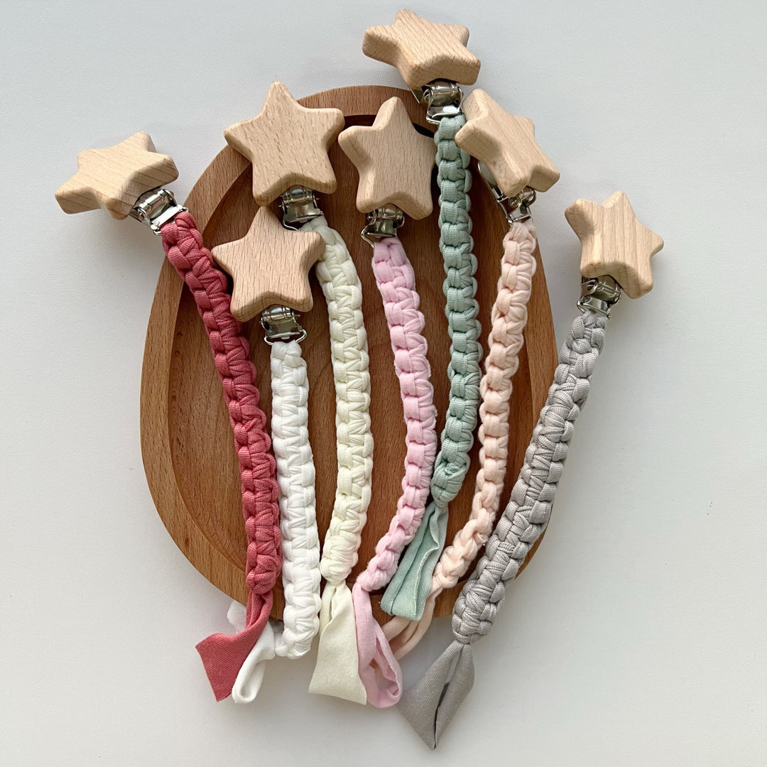 Braided Cotton Pacifier Clip with Wooden Star Safety Clamp