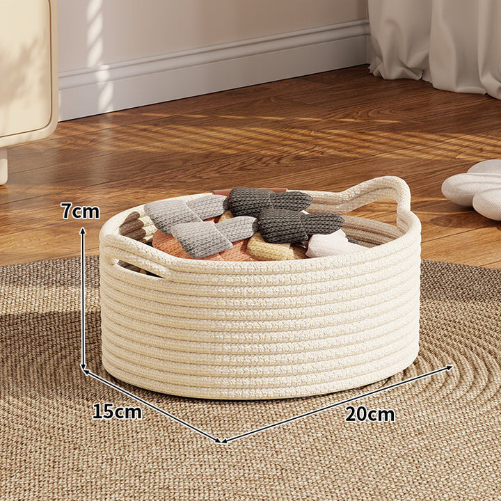 Braided Cotton Rope Round Storage Basket with Reinforced Leather Patch Handles