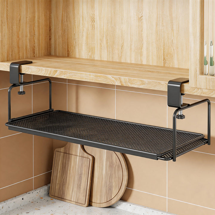 Adjustable Under-Shelf Clamp-Mounted Mesh Hanging Storage Shelf