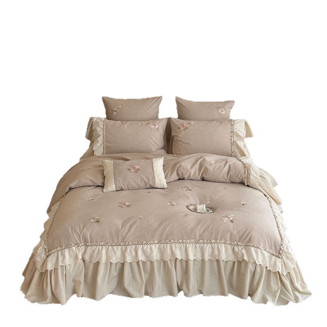 Ruffled Embroidered Rose Cotton-Linen Duvet Cover Set with Bed Skirt & Decorative Shams