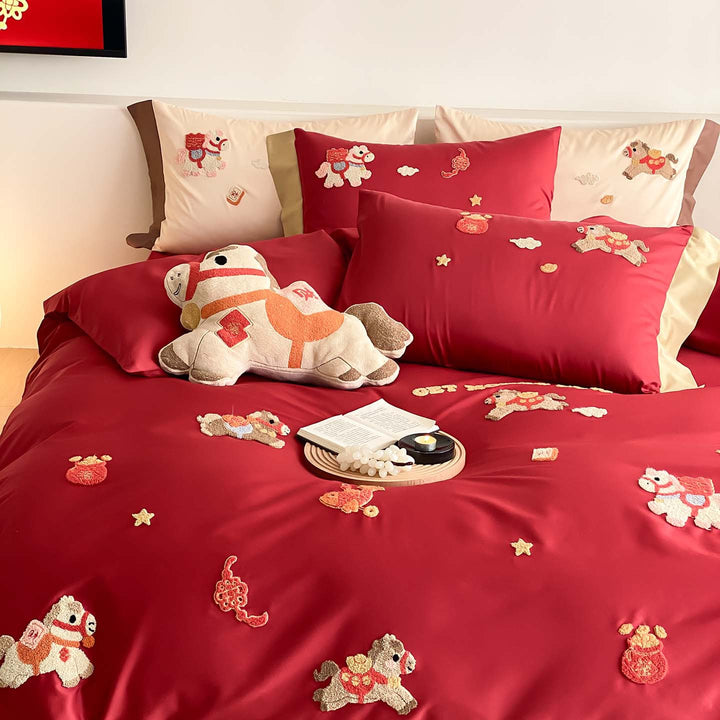 Embroidered Cotton Sateen Duvet Cover Set with Appliqué Horse Motifs and Reversible Border