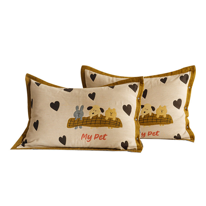 Children's and Youth Pillowcase Set with Cute Pet Design, Heart Print and Button Closure