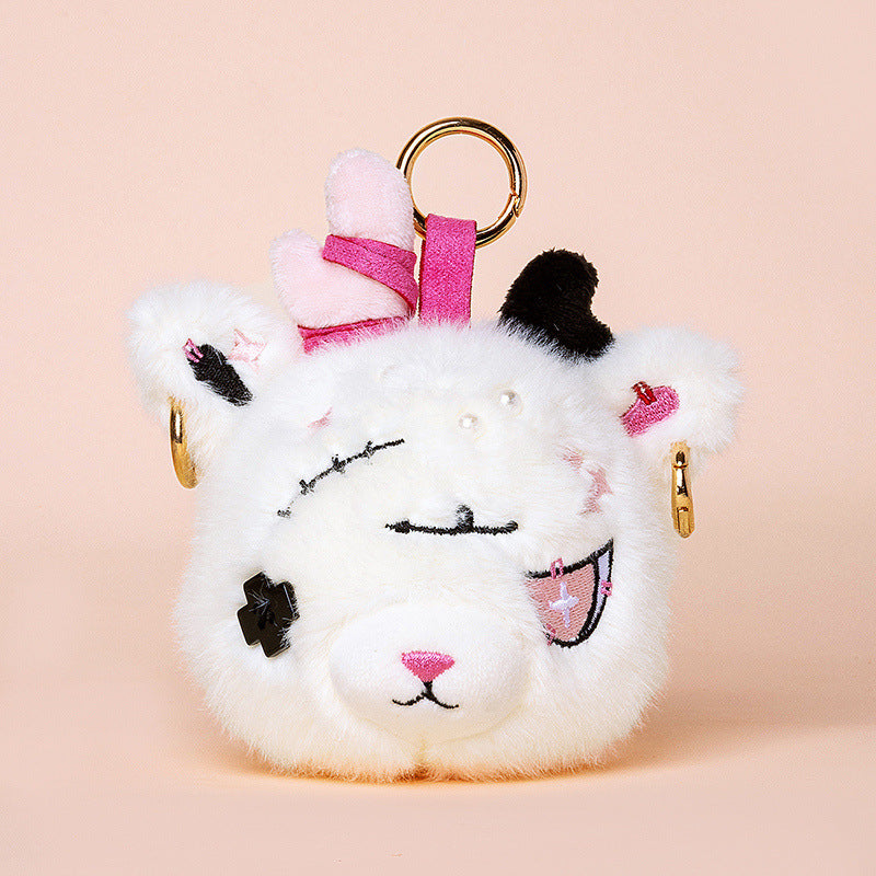 Faux-Fur Bunny Charm Key Fob with Embroidered Patchwork Face and Gold Metal Ring Stornfield