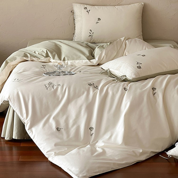 Embroidered Cotton Sateen Duvet Cover and Pillowcase Set with Lace Trim