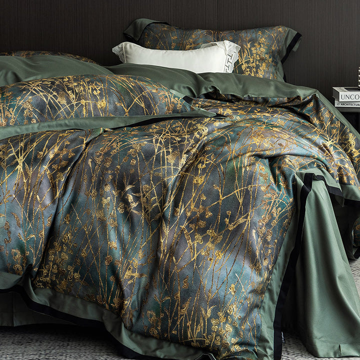 Luxurious bedding set made of cotton satin with delicate grass print and satin hem