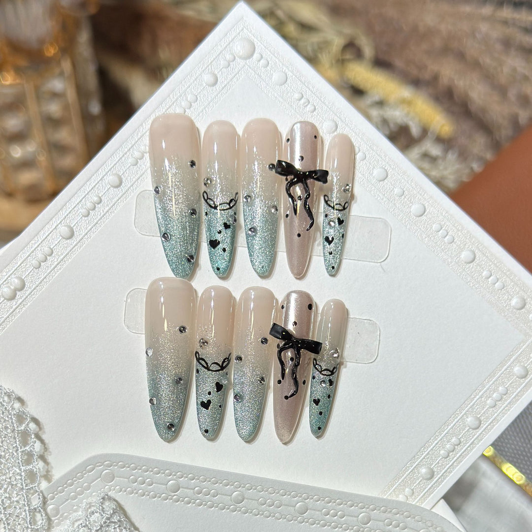 Elegant Stiletto Press-On Nail Set with Rhinestone and Bow Accents Stornfield