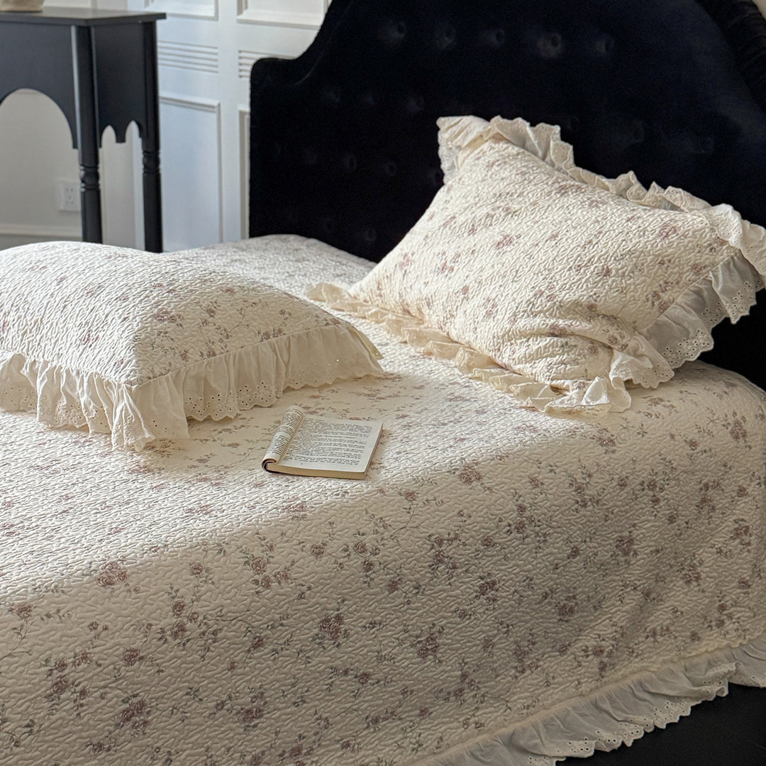 Quilted Ruffled Eyelet Lace Bedspread with Matching Frilled Pillow Shams
