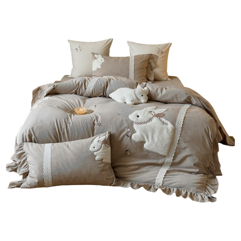 Linen Embroidered Ruffled Duvet Cover Set