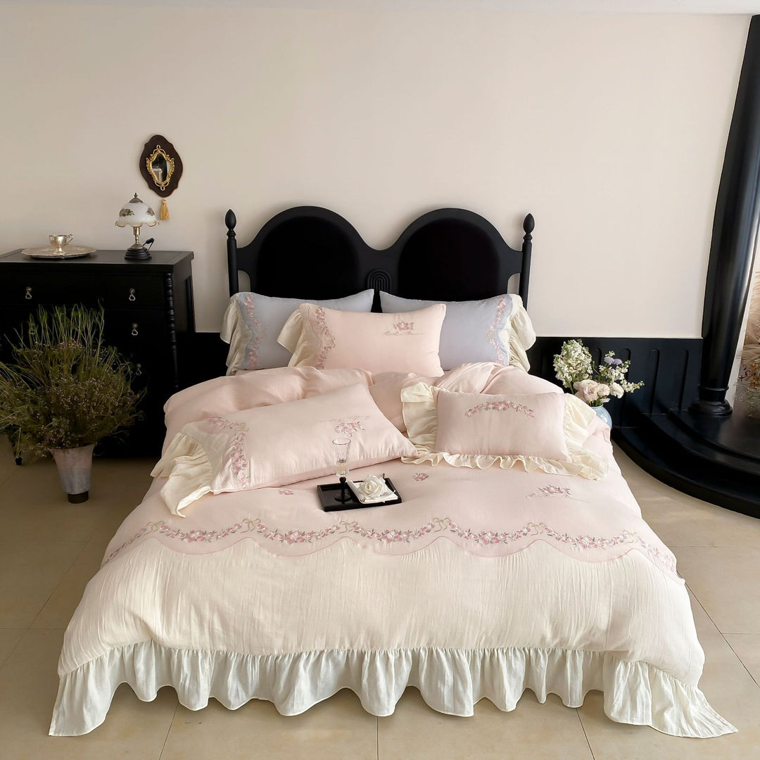 Deluxe Cotton Sateen Floral Embroidery Duvet Cover Set with Ruffled Bedskirt & Oxford Shams