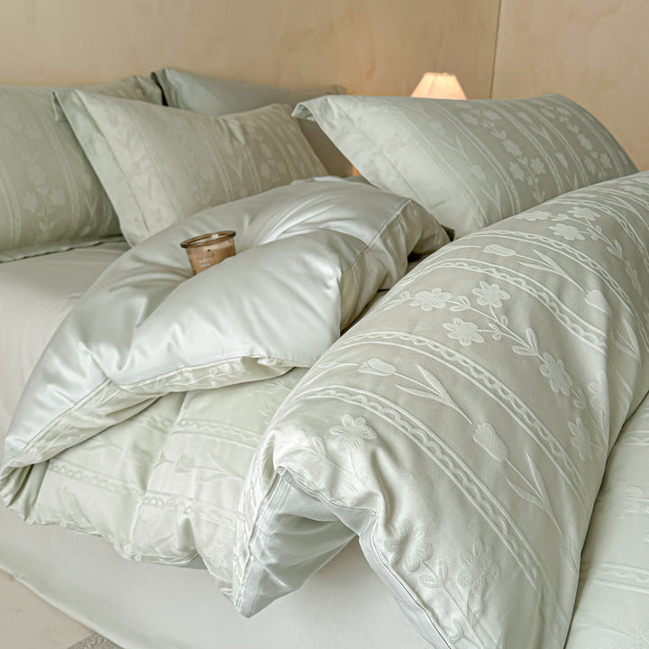 Floral Jacquard Cotton Duvet Cover Set with Pillowcases and Hidden Zipper