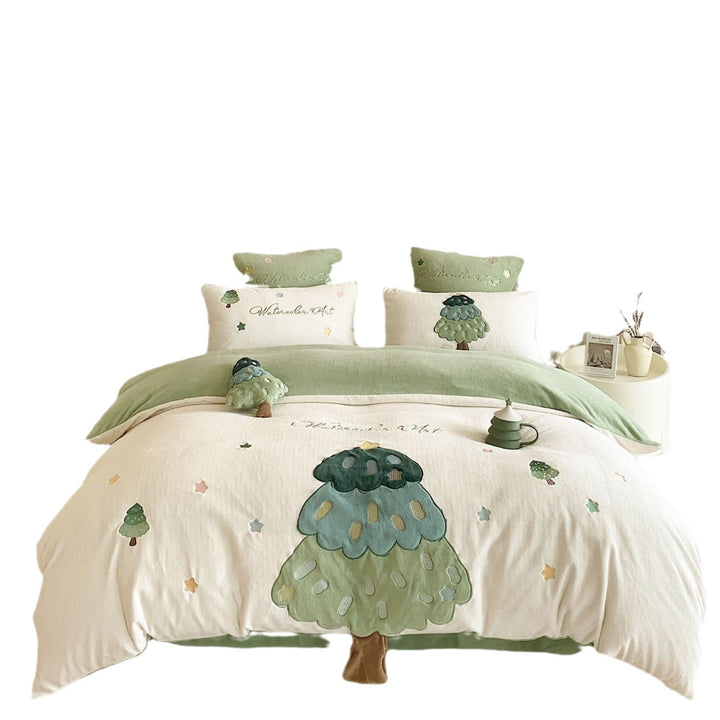 Quilted Embroidered Tree Applique Cotton Duvet Cover Set with Plush Decorative Pillowcases