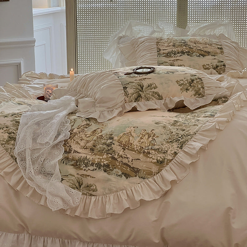 Romantic bedding set with ruffles and vintage toile print