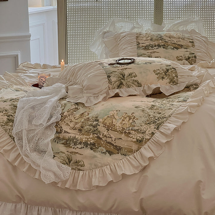 Romantic bedding set with ruffles and vintage toile print