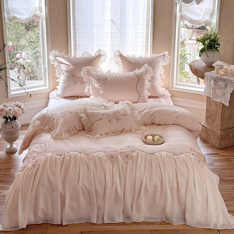 Ruffled Embroidered Bow Duvet Cover Set with Pleated Bed Skirt