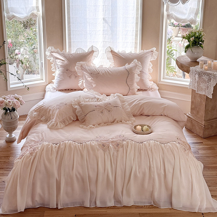 Ruffled Embroidered Bow Duvet Cover Set with Pleated Bed Skirt