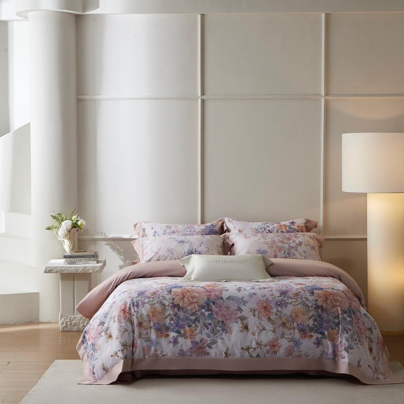 Luxury Floral Cotton Sateen Duvet Cover Set with Contrast Hem and Pillow Shams
