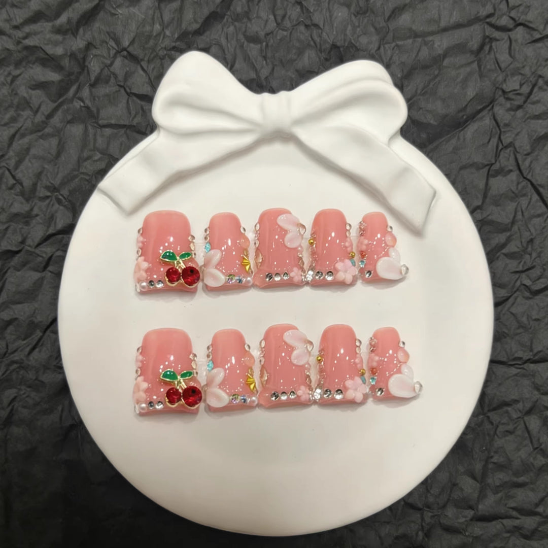 Decorative Press-On Nail Art Set with Floral and Cherry Accents