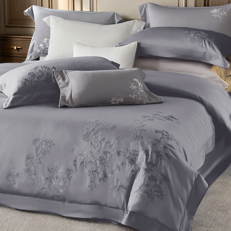 Luxury Cotton Sateen Duvet Cover Bedding Set with Botanical Embroidery