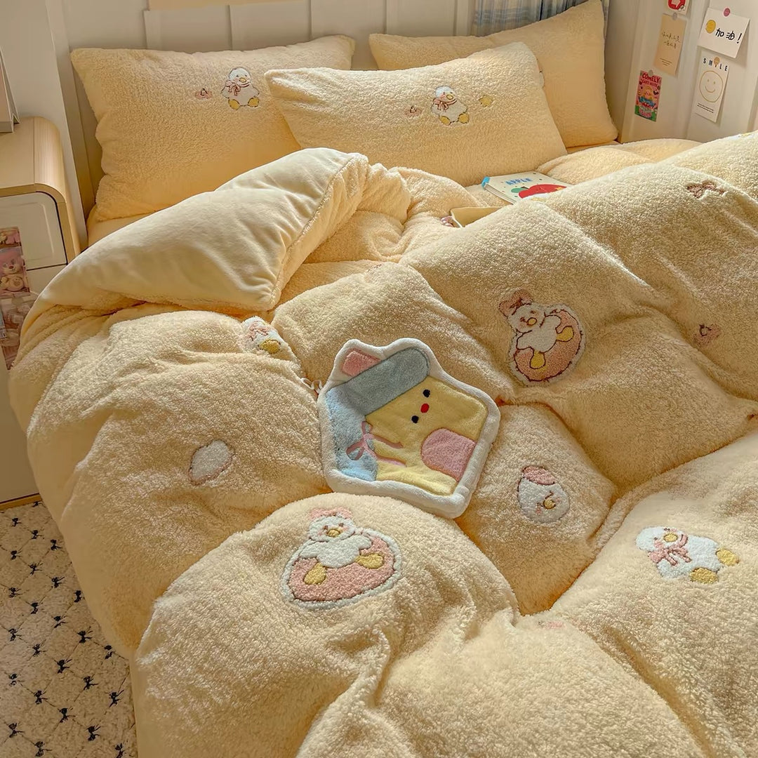 Plush Sherpa Reversible Comforter and Pillowcase Set with Kawaii Embroidered Motif